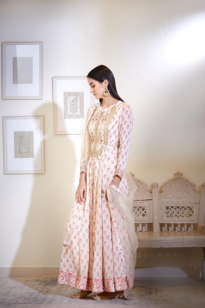 Bahaar-e-Chinaar Off-white cotton frock kurta with off-white palazzo a –  The Indian Couture